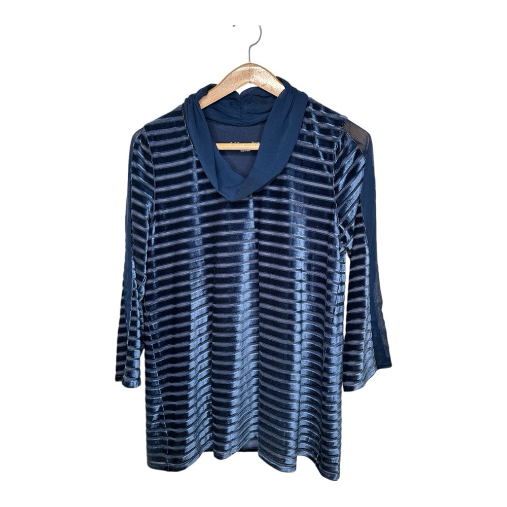 Soft Surroundings Meri Velvet Burnout Tunic Top Size Medium Navy Blue 3/4 Sleeve